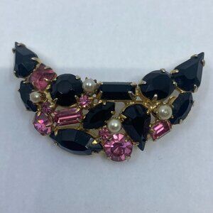 Vtg Continental ? pink black faux pearl rhinestone crystal moon crescent brooch